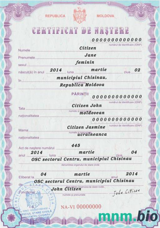 MOLDOVA narodziny certyfikat